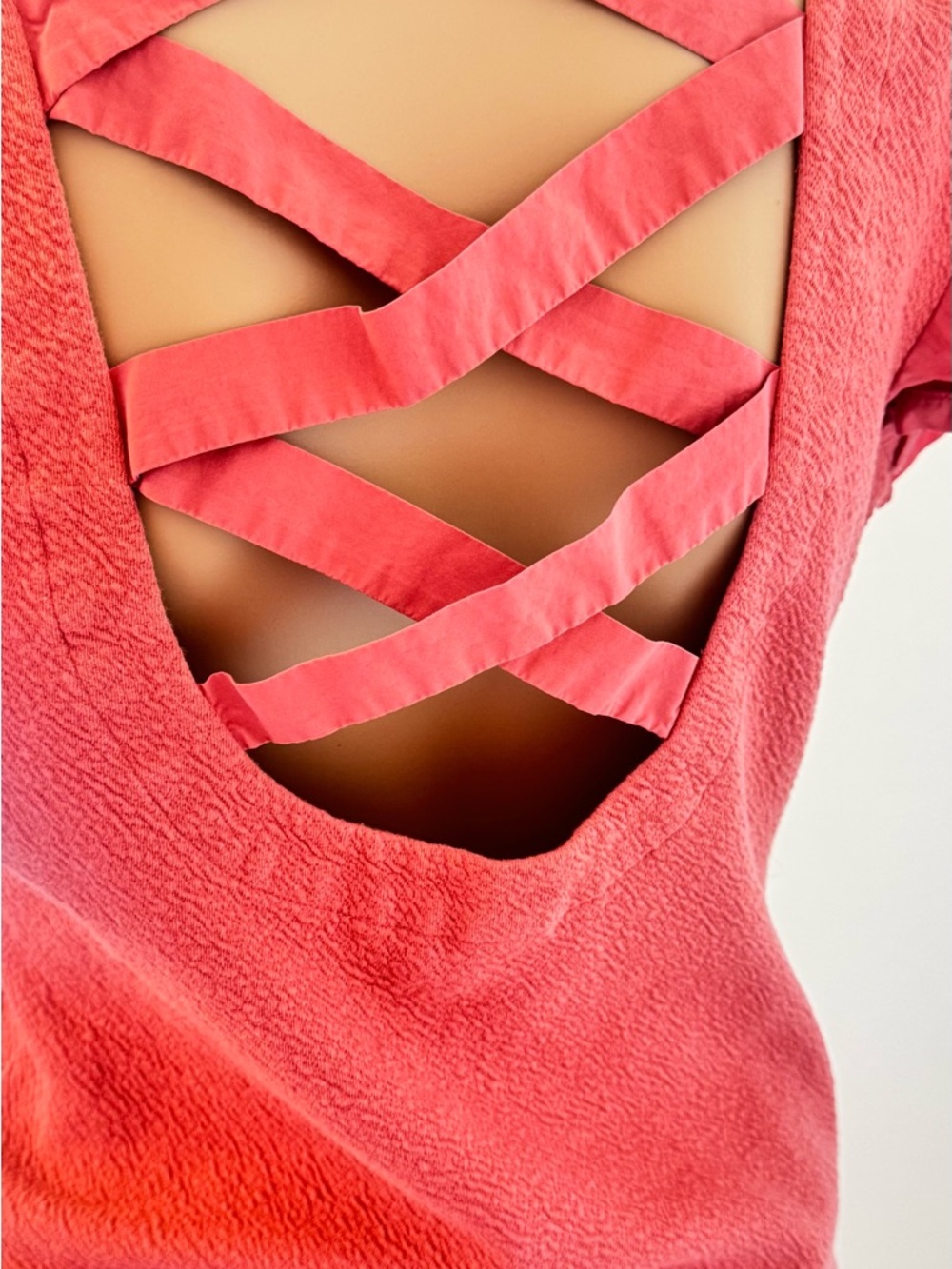 Anthropologie Coral Textured Knit Top Crisscross Back Short Sleeve Blouse - Picture 3 of 5